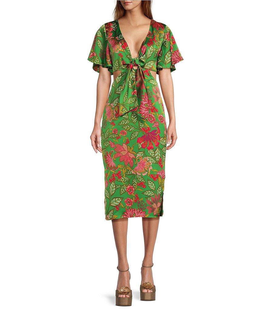 Sugarlips Joelle Floral Tropical Print Satin V-Neck Front Tie Side Cut Out Midi Dress Product Image