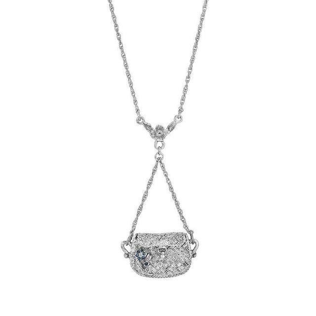 1928 Silver Tone Blue Crystal Flower Opening Purse Necklace, Womens, White Product Image