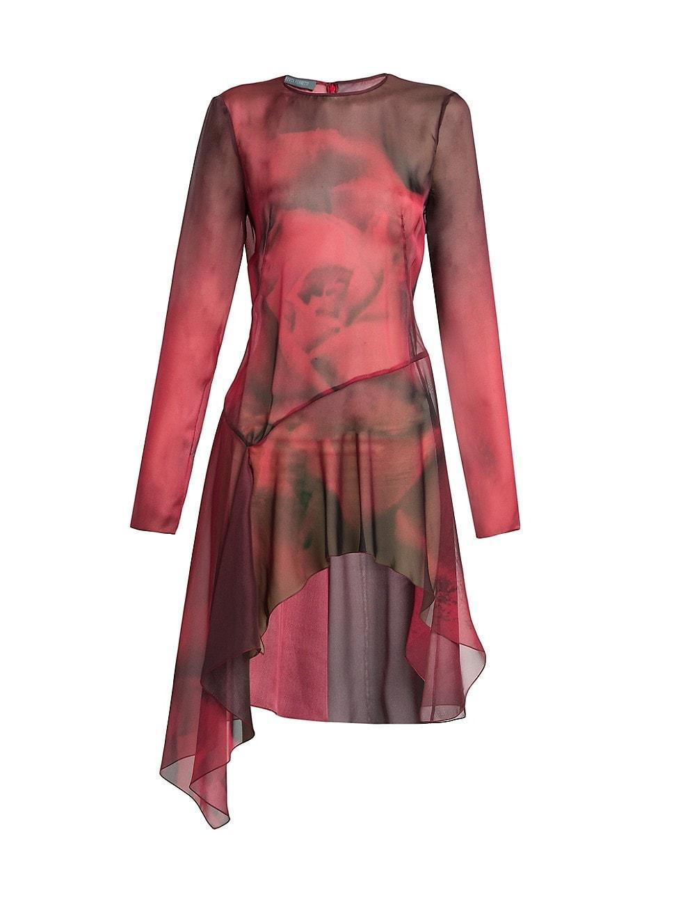 Womens High-Low Silk Rose-Print Top Product Image