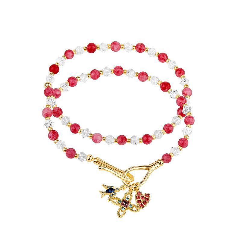 Red & White Beaded Stretch Bracelet Duo Set with Crystal Heart, Flower & Hummingbird Charms, Womens Product Image