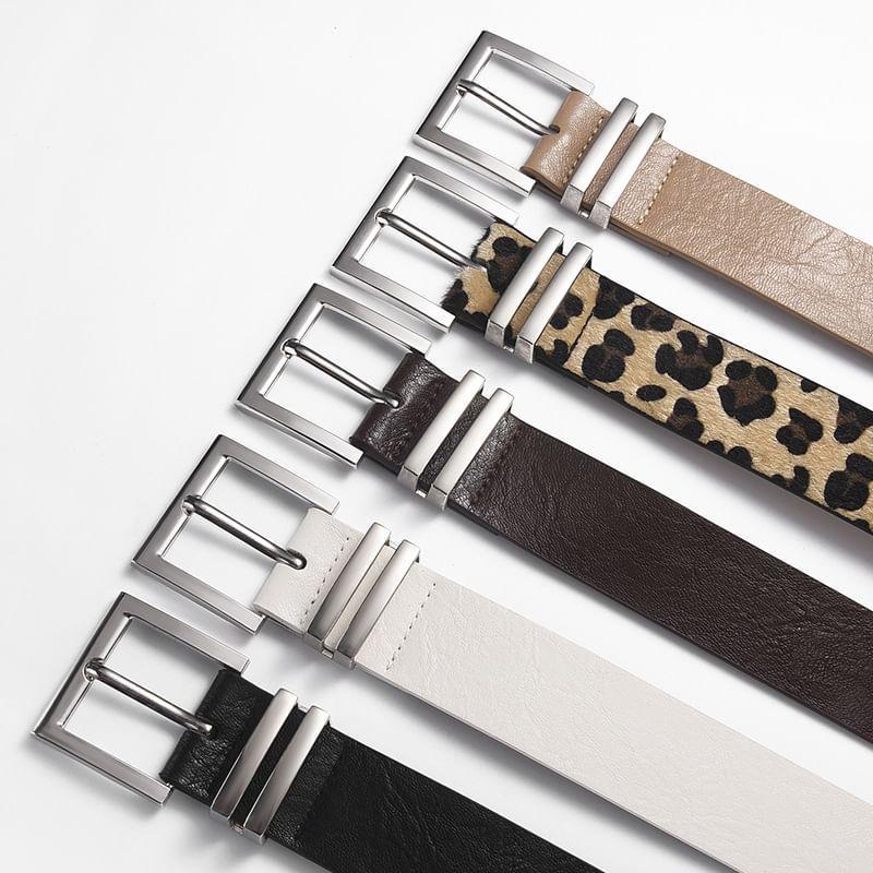 Leopard Print / Plain Faux Leather Belt Product Image