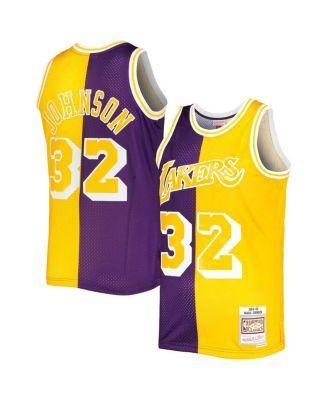 Mens Mitchell & Ness Magic Johnson /Gold Los Angeles Lakers Hardwood Classics 1984-85 Split Swingman Jersey Product Image