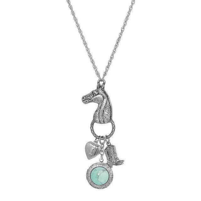 1928 Silver Tone Horse, Simulated Turquoise Medallion, Heart, & Boot Charm Necklace, Womens Product Image