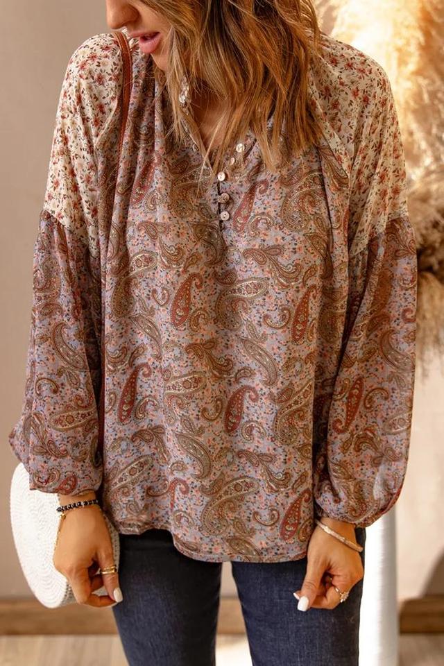 Olivia Mark – Paisley Pattern Floral Patch Long Sleeve Blouse with Elegant Design Product Image