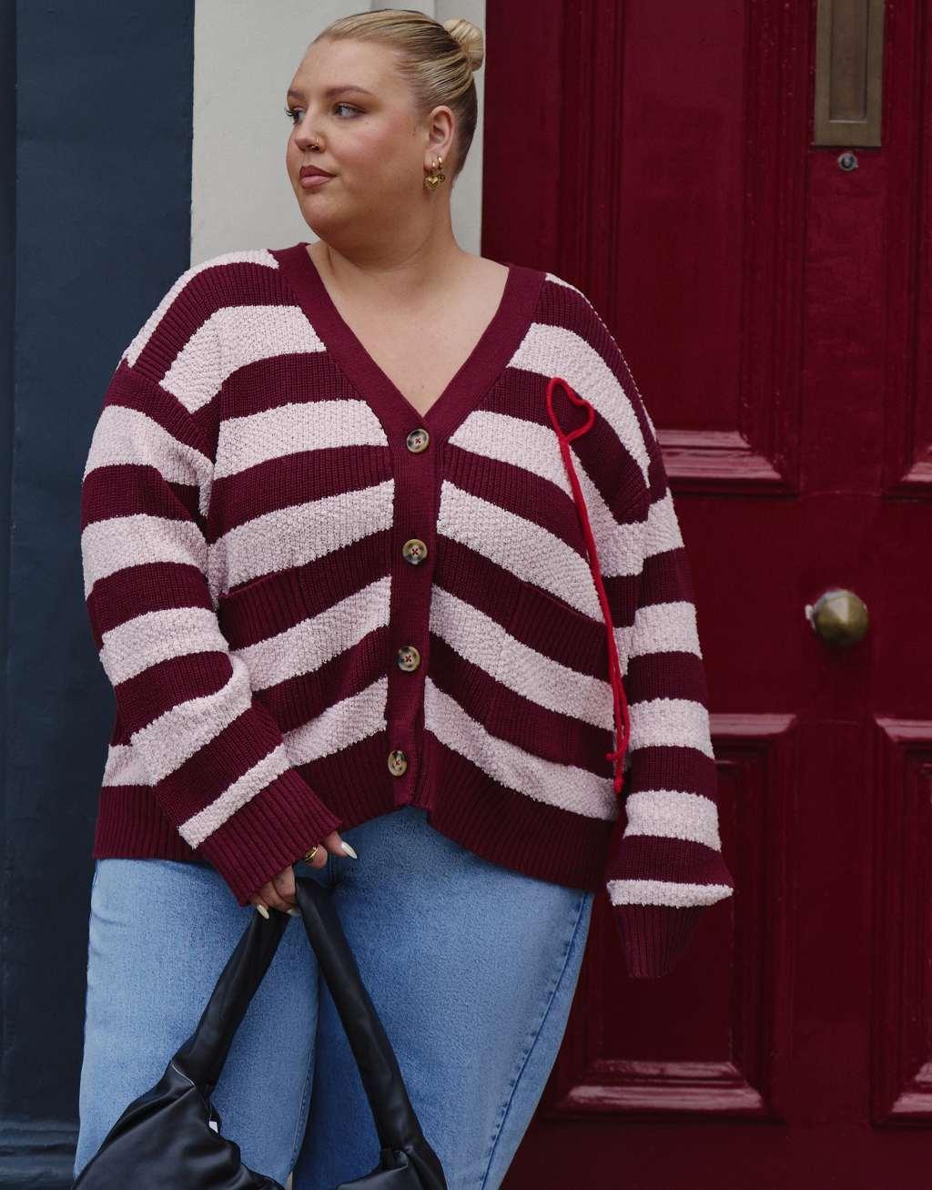 Renee Studio x Holly Wynne exclusive textured longline applique heart cardigan in burgundy stripe Product Image