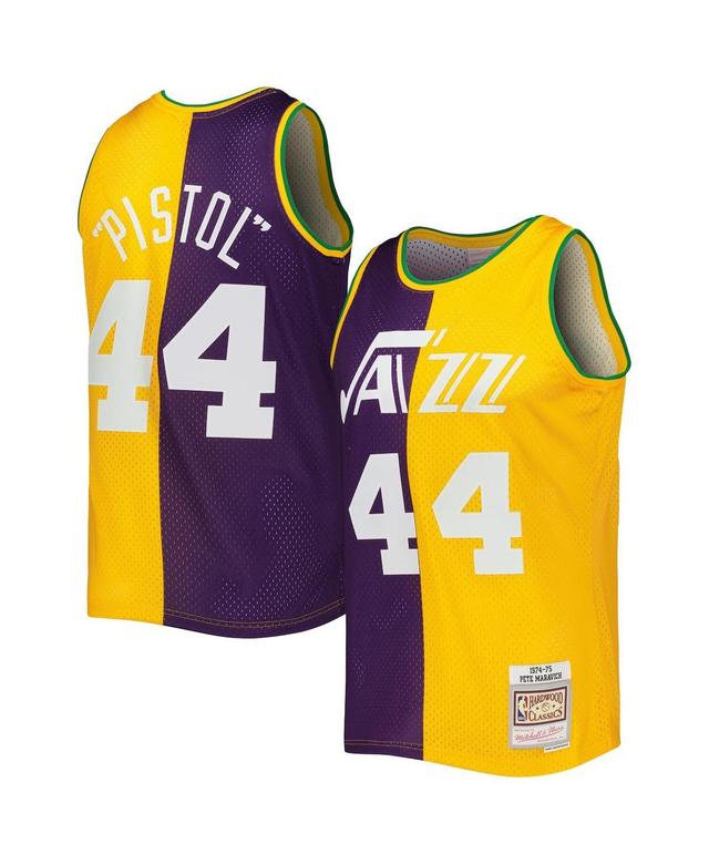 Mens Mitchell & Ness Pete Maravich /Yellow New Orleans Jazz Hardwood Classics 1974-75 Split Swingman Jersey Product Image