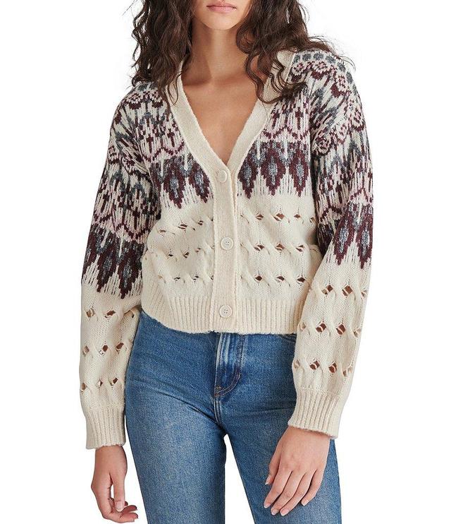 Steve Madden Irisa Cable Knit Fair Isle Print V Neck Long Sleeve Button Front Cardigan Product Image