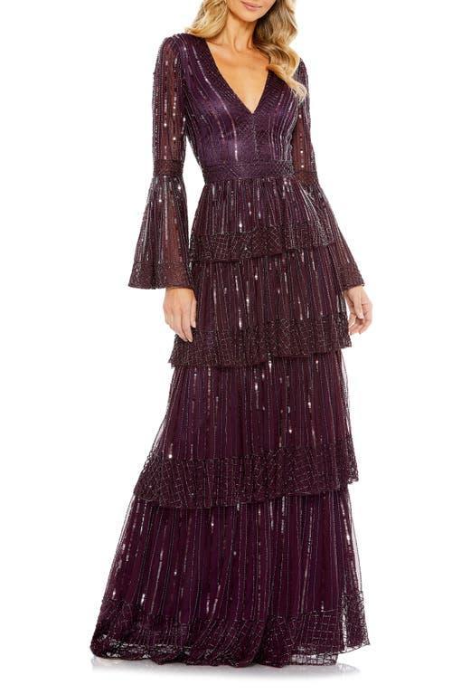 Mac Duggal Sequin Stripe Long Sleeve Tiered Ruffle Gown Product Image