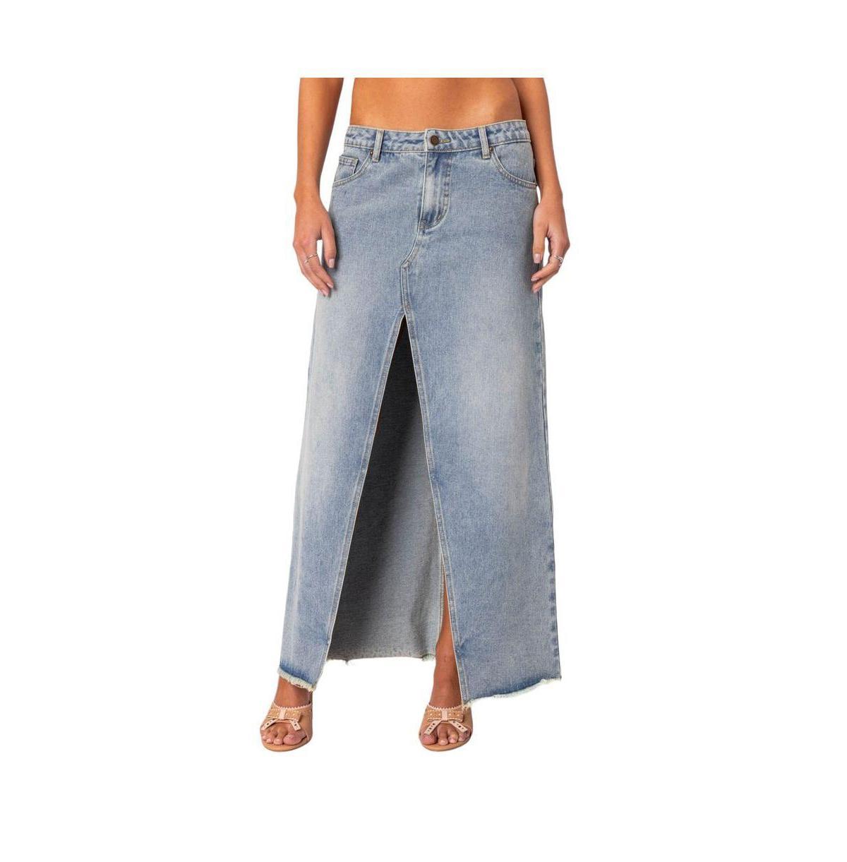 Edikted Womens Front Slit Washed Denim Maxi Skirt Product Image