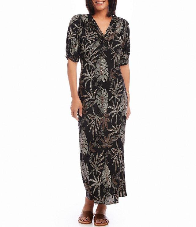 Karen Kane Petite Size Bias Doted Leaf Print V-Neck Short Puff Sleeve Maxi Dress Product Image