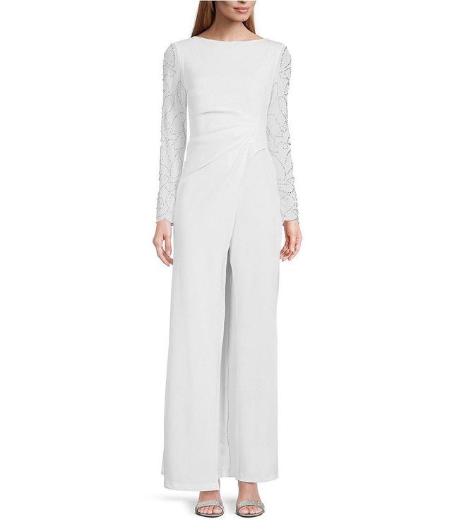 Marina Stretch Crepe Long Beaded Sleeve Round Neck Walk Thru Jumpsuit Product Image