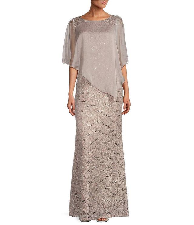 Ignite Evenings Short Sleeve Boat Neck Beaded Sequin Floral Lace Capelet Gown Product Image