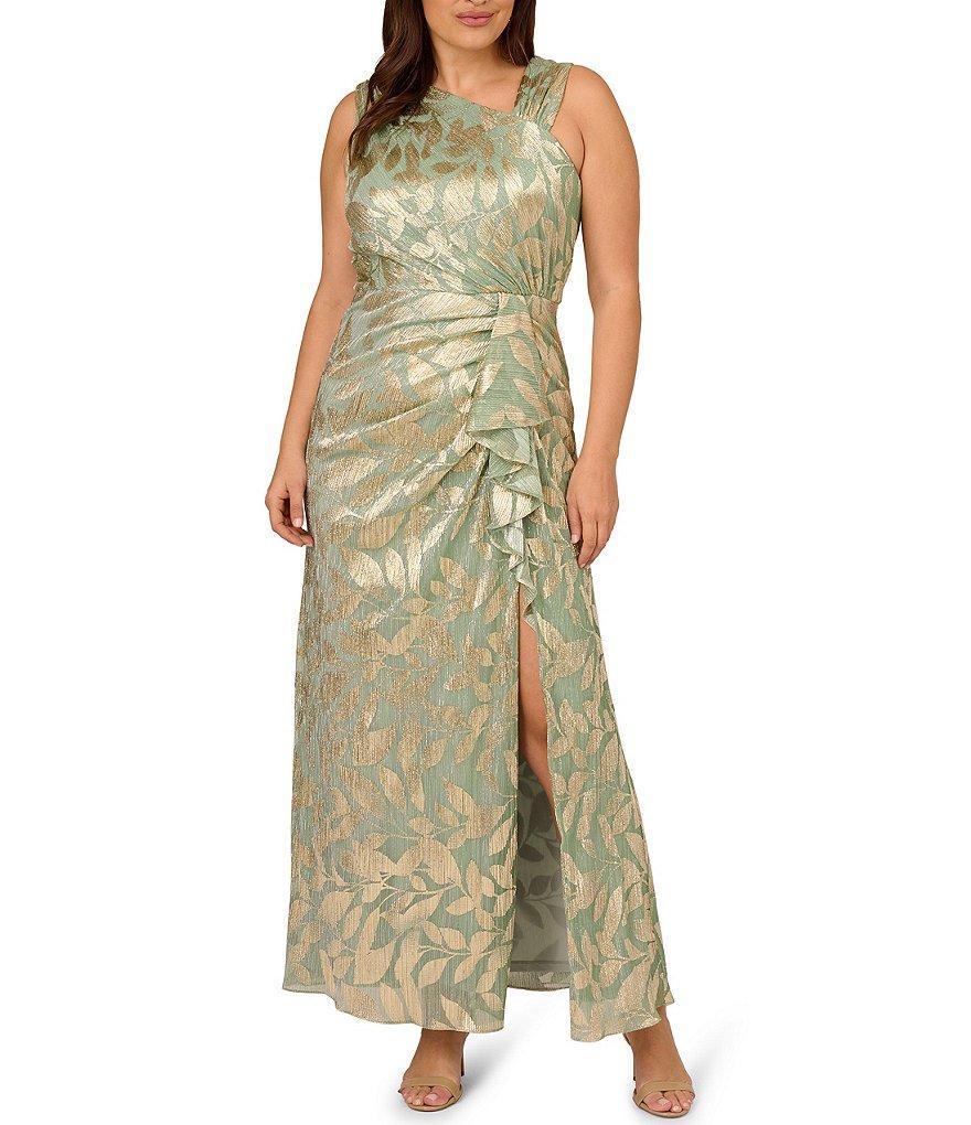 Adrianna Papell Plus Size Sleeveless Asymmetrical Neck Foil Leaf Gown Product Image