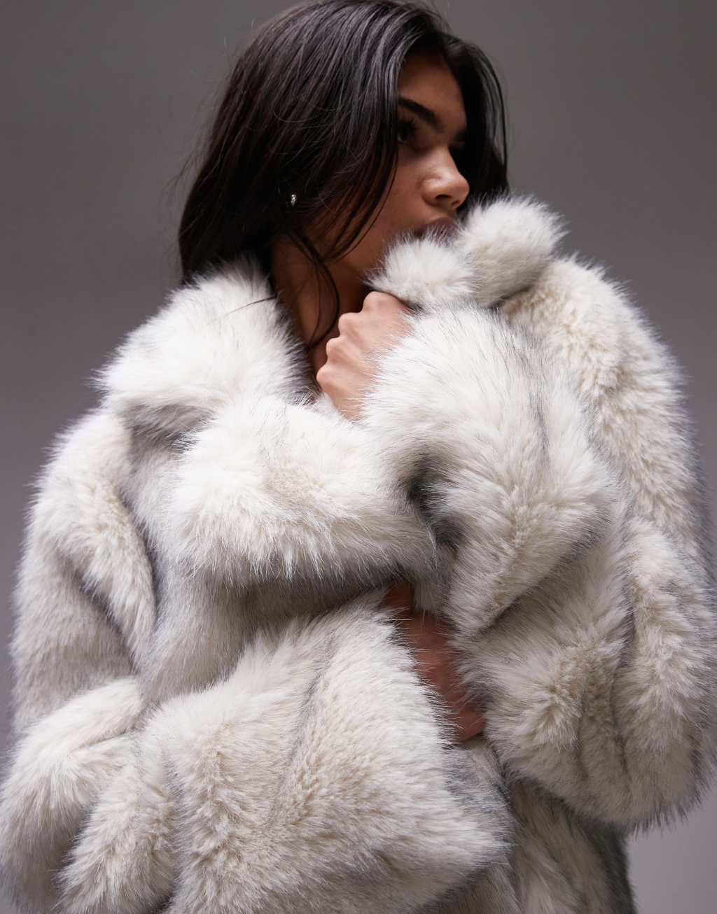 Topshop faux fur long coat in tipped white Product Image