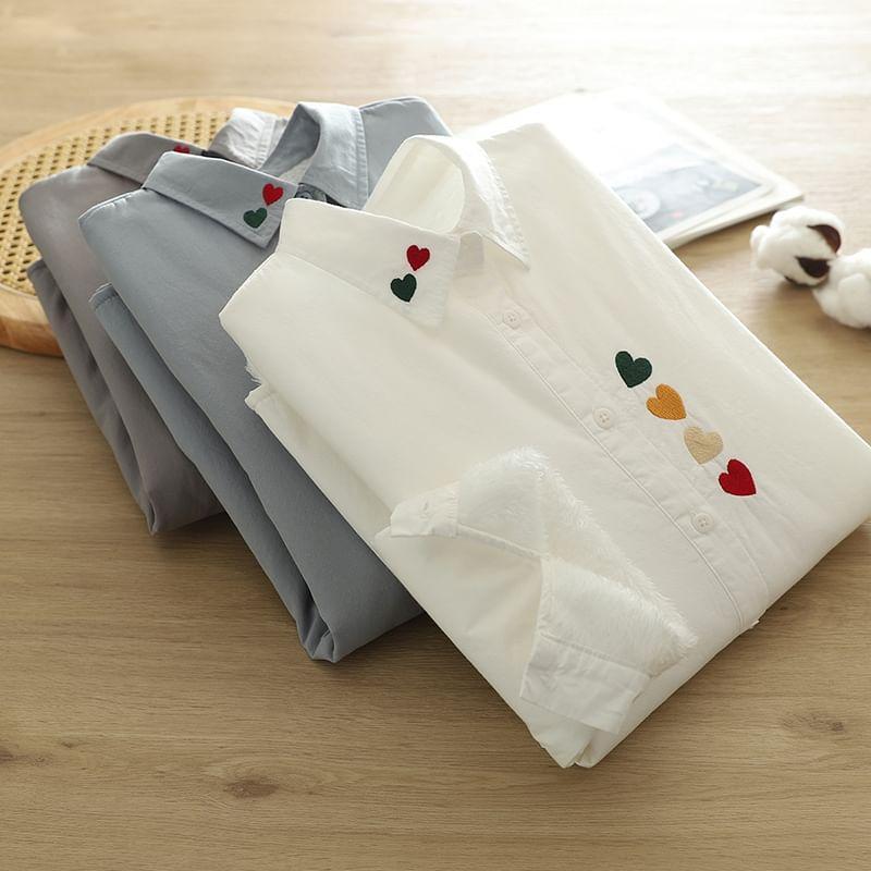 Fleece-Lined Heart Embroidered Button-Up Shirt Product Image