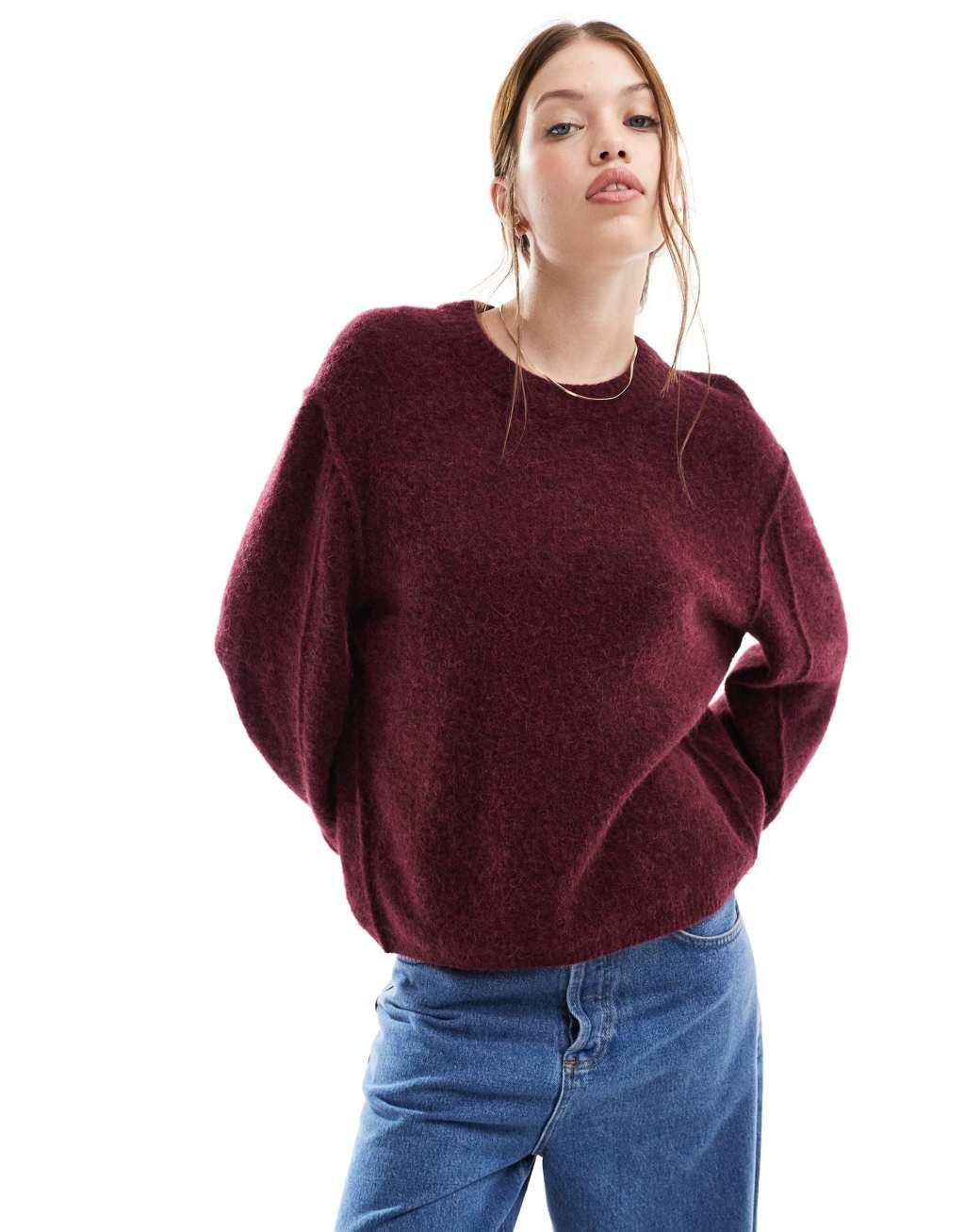 & Other Stories alpaca and wool blend fluffy knit sweater in dark wine Product Image