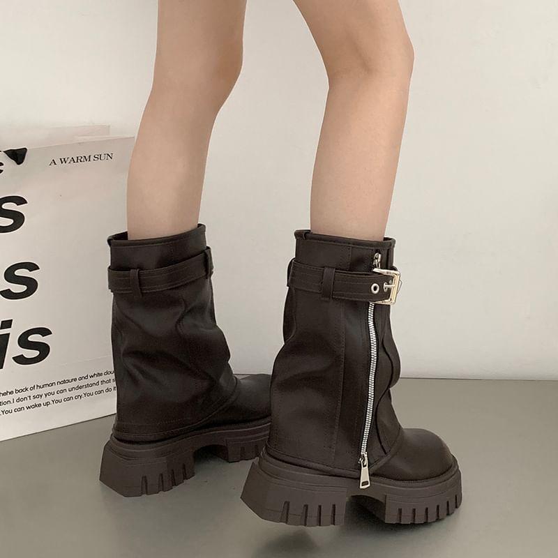 Buckled Platform Chunky Heel Mid-Calf Boots Product Image