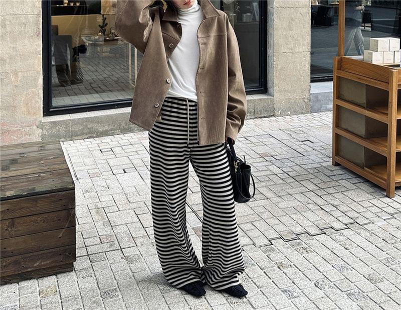 Drawstring Waist Striped Wide Leg Knit Pants Product Image