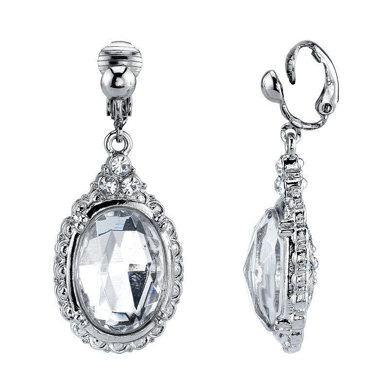 1928 Silver Tone Simulated Stone & Crystal Oval Linear Drop Earrings, Womens, White Product Image