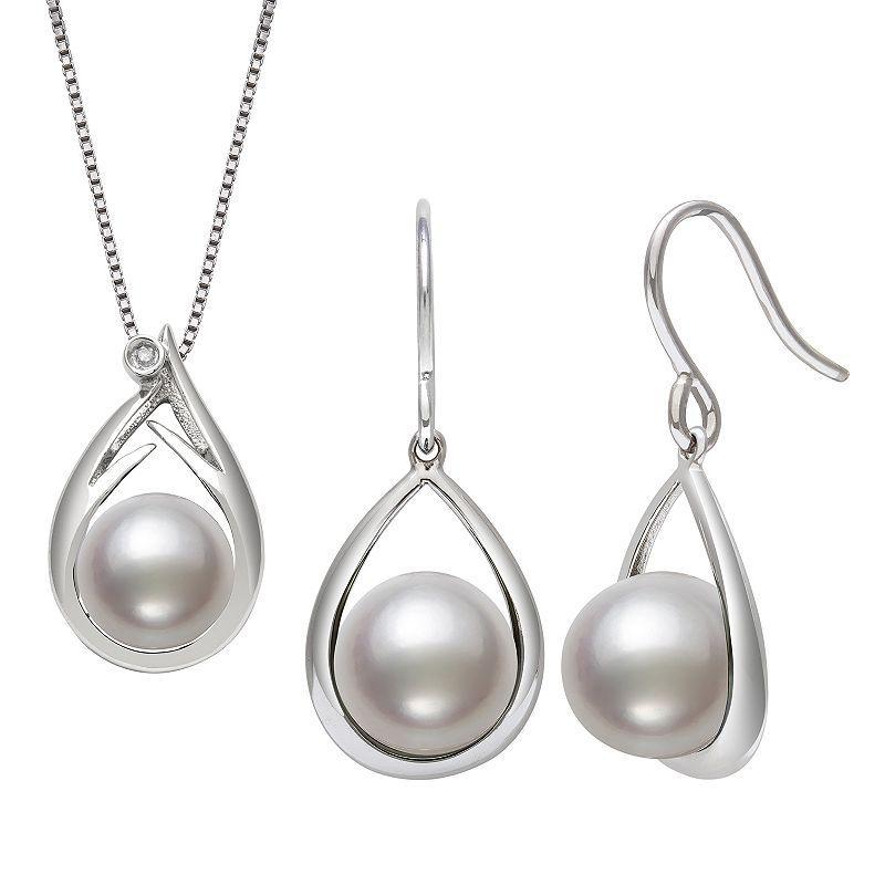 Sterling Silver Freshwater Pearl & Diamond Accent Pendant & Earring Set, Womens Product Image