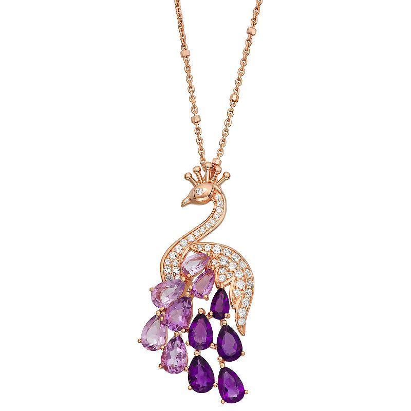 14k Rose Gold Over Sterling Silver Ombre Amethyst Peacock Pendant Necklace, Womens Pink Tone Product Image