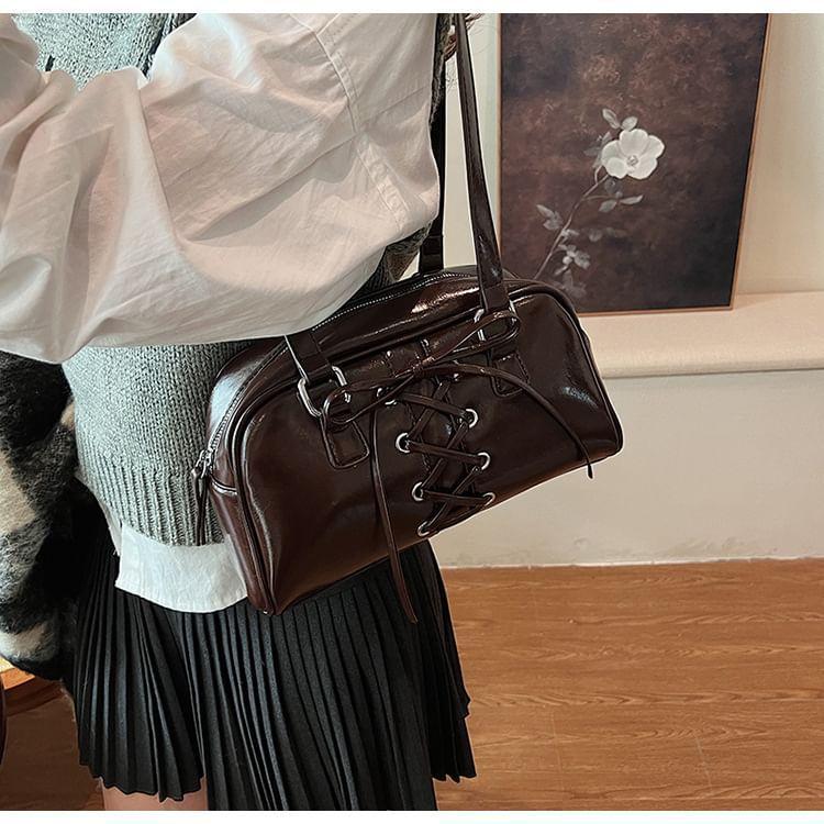 Lace-Up Faux Leather Bowler Bag Product Image