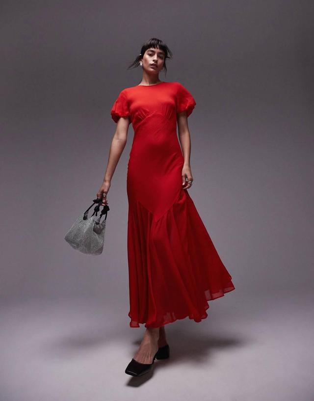 Topshop puff sleeve volume hem maxi dress in red Product Image