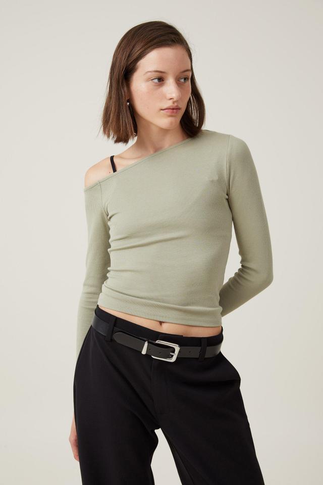 Cotton On Women - Essential Rib Asymmetric Long Sleeve Top - Desert sage Product Image