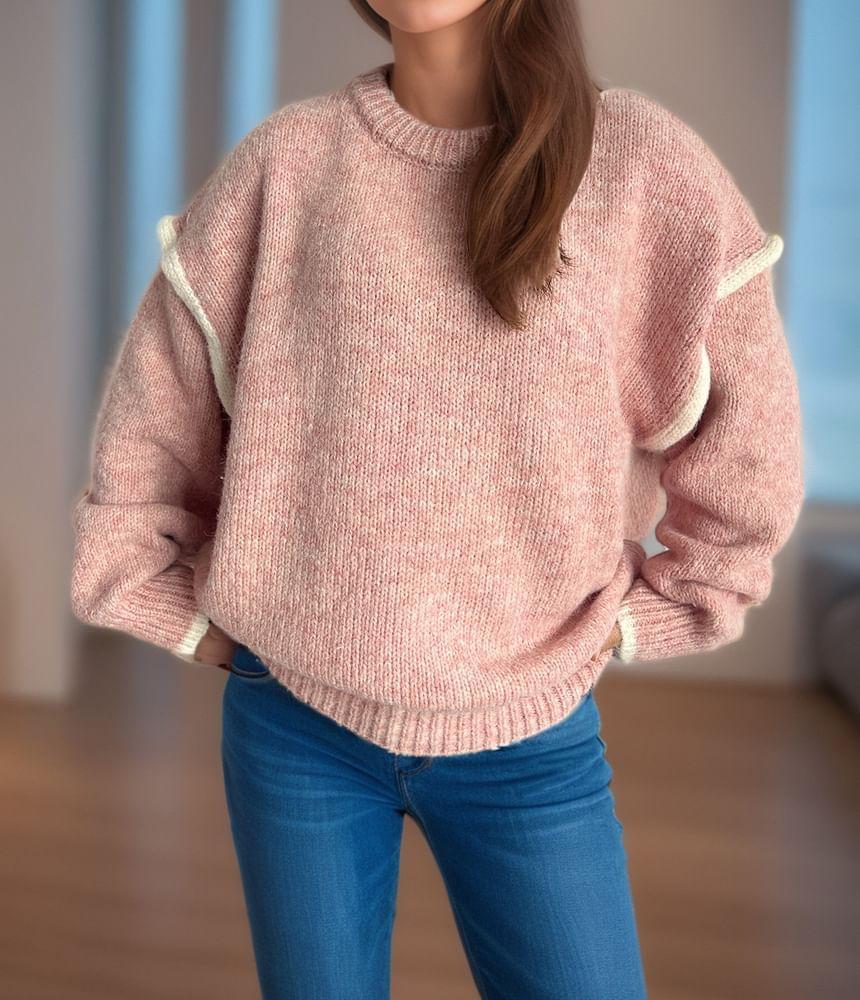 Round Neck Plain Contrast Trim Sweater Product Image