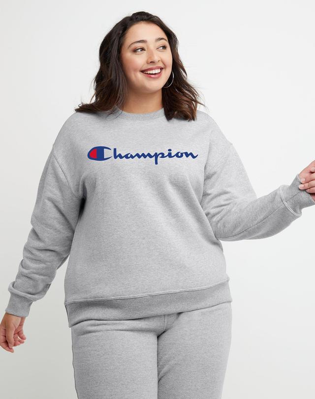 Womens Champion Powerblend Crewneck Sweatshirt, Script Logo (Plus Size) Oxford Grey 2X Product Image