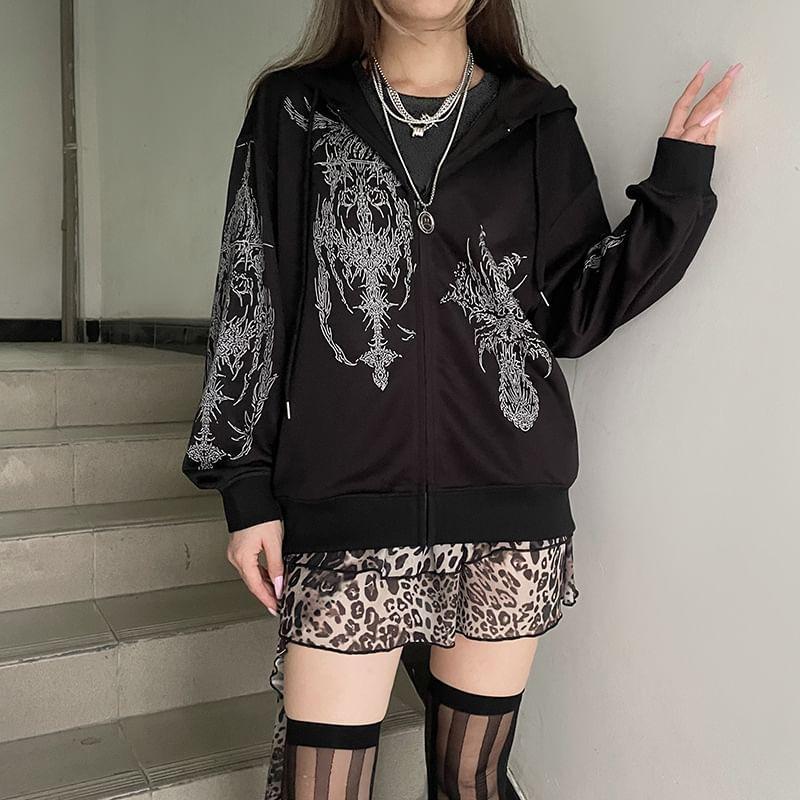 Drawstring Drop Shoulder Print Zip Hoodie Product Image