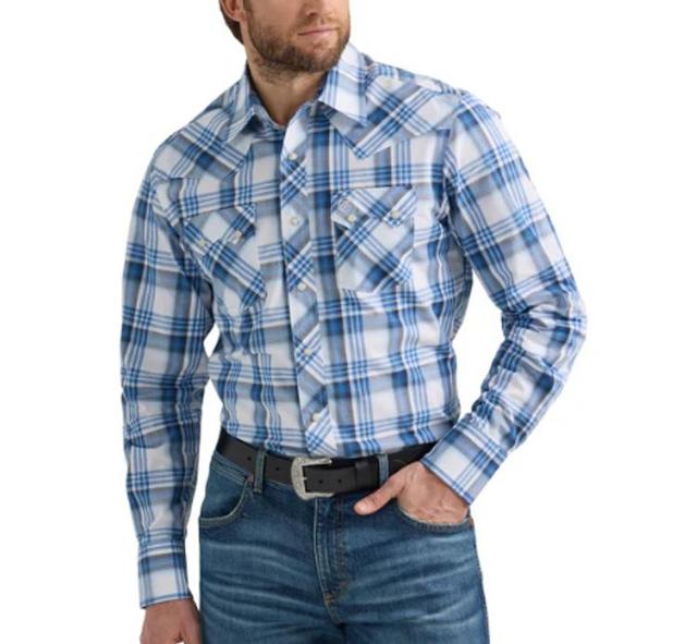 Wrangler® Men's L/S Blue Plaid Retro Modern Fit Snap Shirt Product Image