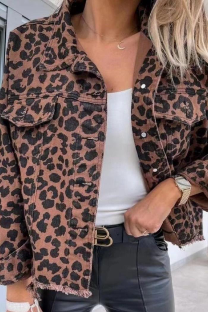 Long Sleeves Leopard Print Daily Denim Jacket Product Image