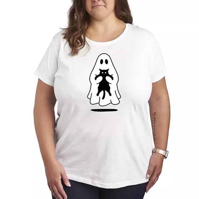 Plus Size Ghost Holding Black Cat Graphic Tee, Womens Product Image