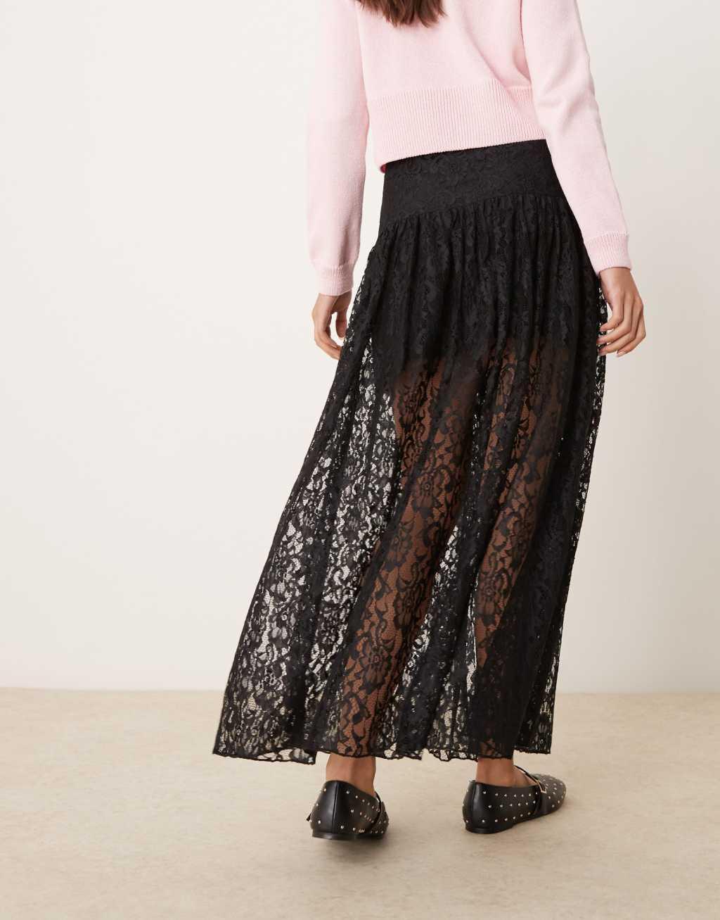 Miss Selfridge lace bow detail tiered maxi skirt in black Product Image