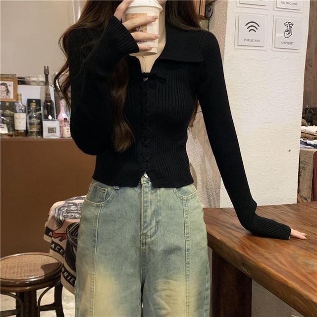 Long-Sleeve Collar Lace-Up Ribbed Knit Top Product Image