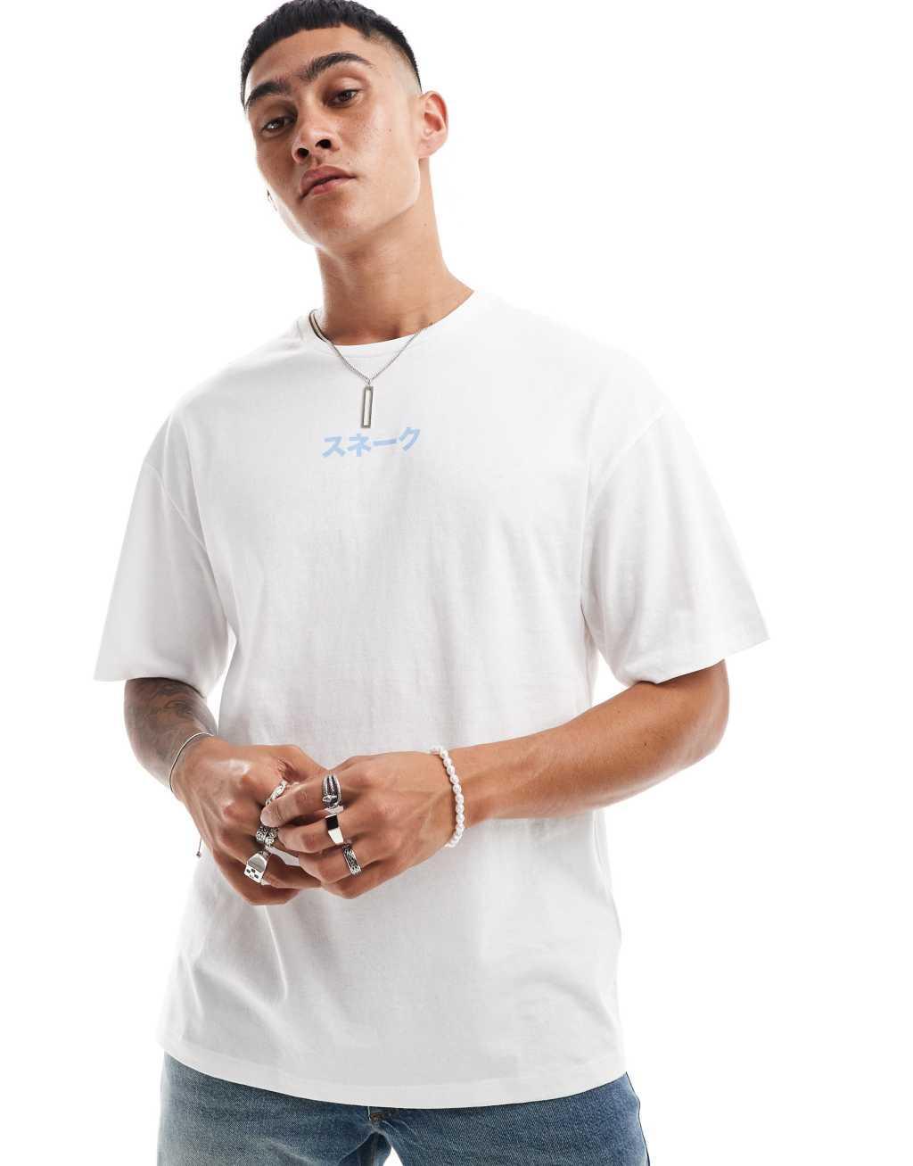 Jack & Jones oversized snake back print t-shirt in white Product Image