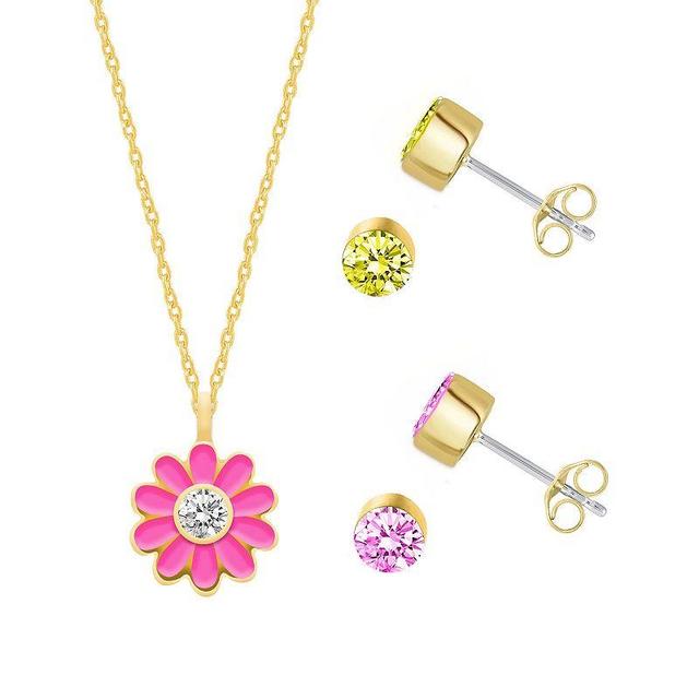 Royal Aura Gold Tone Enamel & Crystal Flower Power Pendant Necklace & Two Pair Stud Earrings Set, Womens Gold Tone Team Product Image