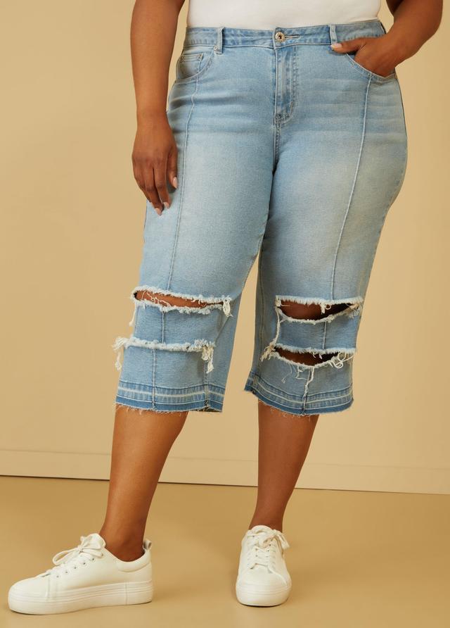 Plus Size Distressed Mid Rise Denim Capris Ashley Stewart Product Image