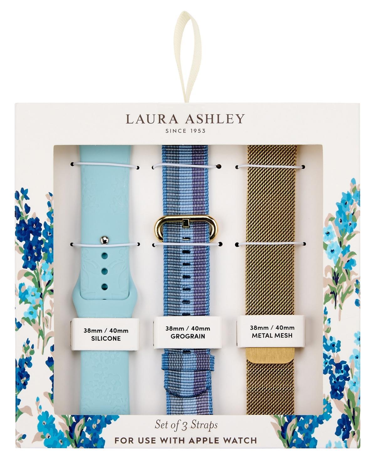 Laura Ashley Womens Gold-Tone Mesh, Blue Grosgrain and Blue Silicone Strap Sets Compatible with Apple Watch 38mm, 40mm, 41mm Product Image