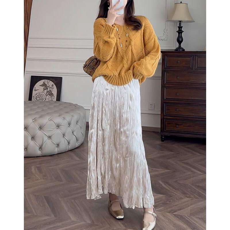 Set: Long-Sleeve Boat Neck Plain Sweater + High Waist Shirred Midi A-Line Skirt Product Image