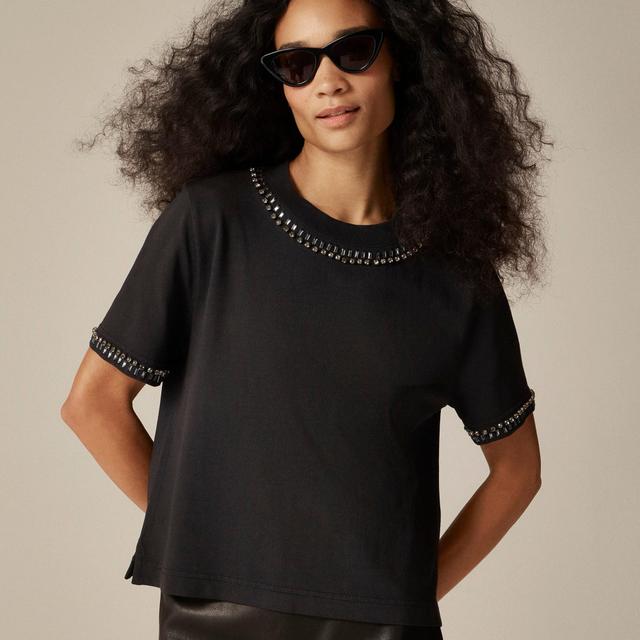 Relaxed crystal-embellished cropped T-shirt in heavy jersey Product Image