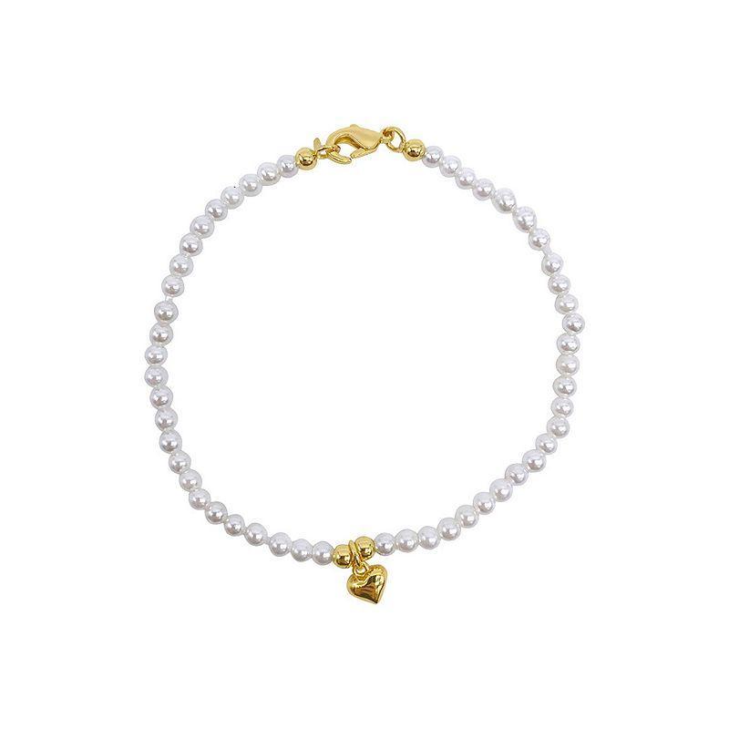 Adornia 14k Gold Plated Simulated Pearl Heart Charm Bracelet, Womens, White Product Image