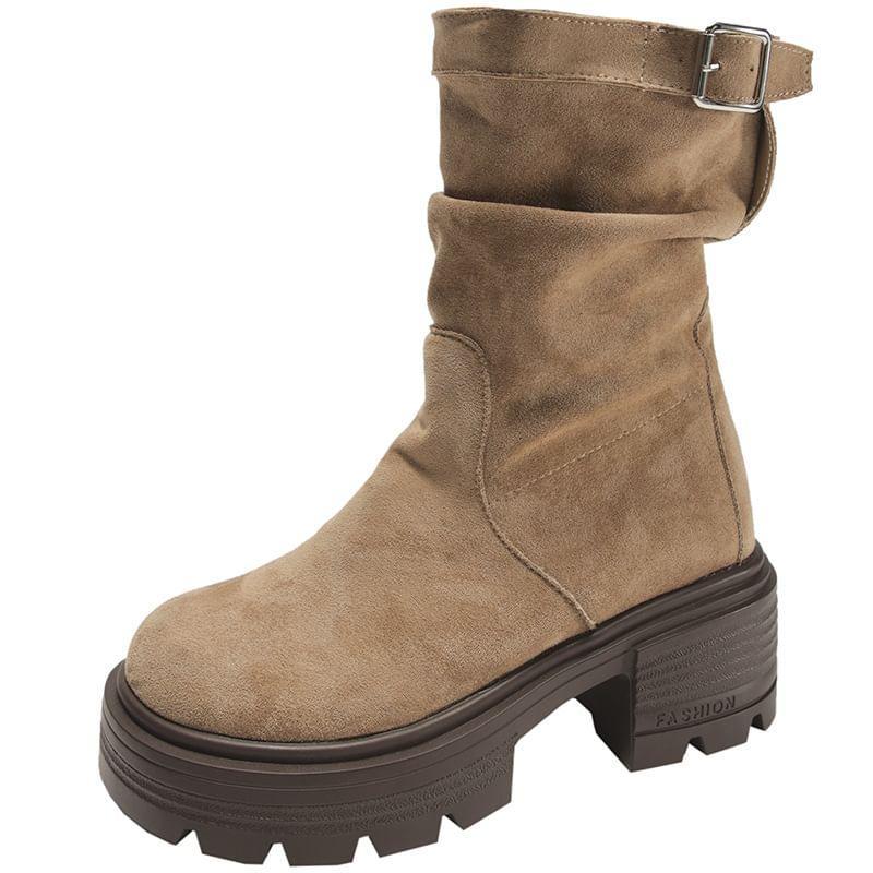 Platform Buckled Faux Suede Mid Calf Boots Product Image