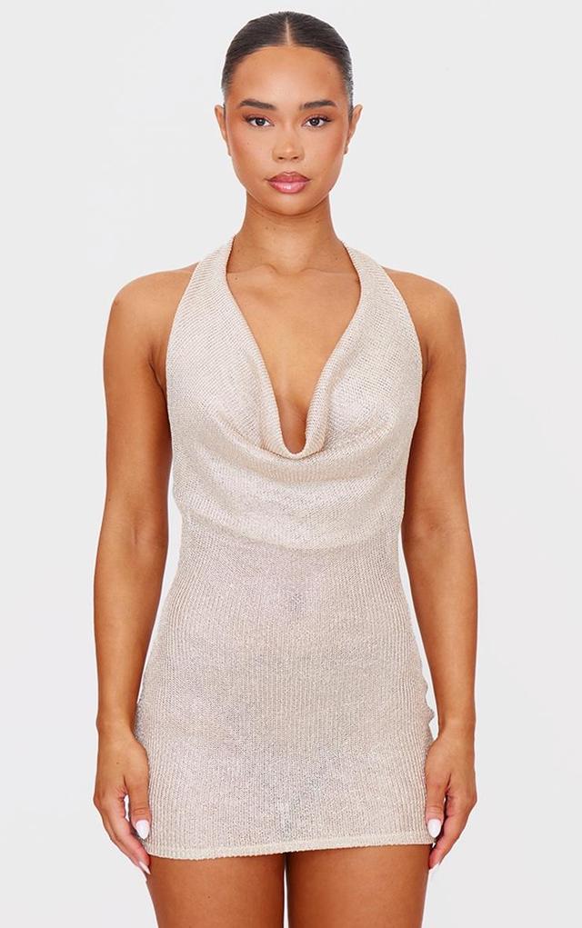 Gold Metallic Ribbed Cowl Neck Mini Dress Product Image