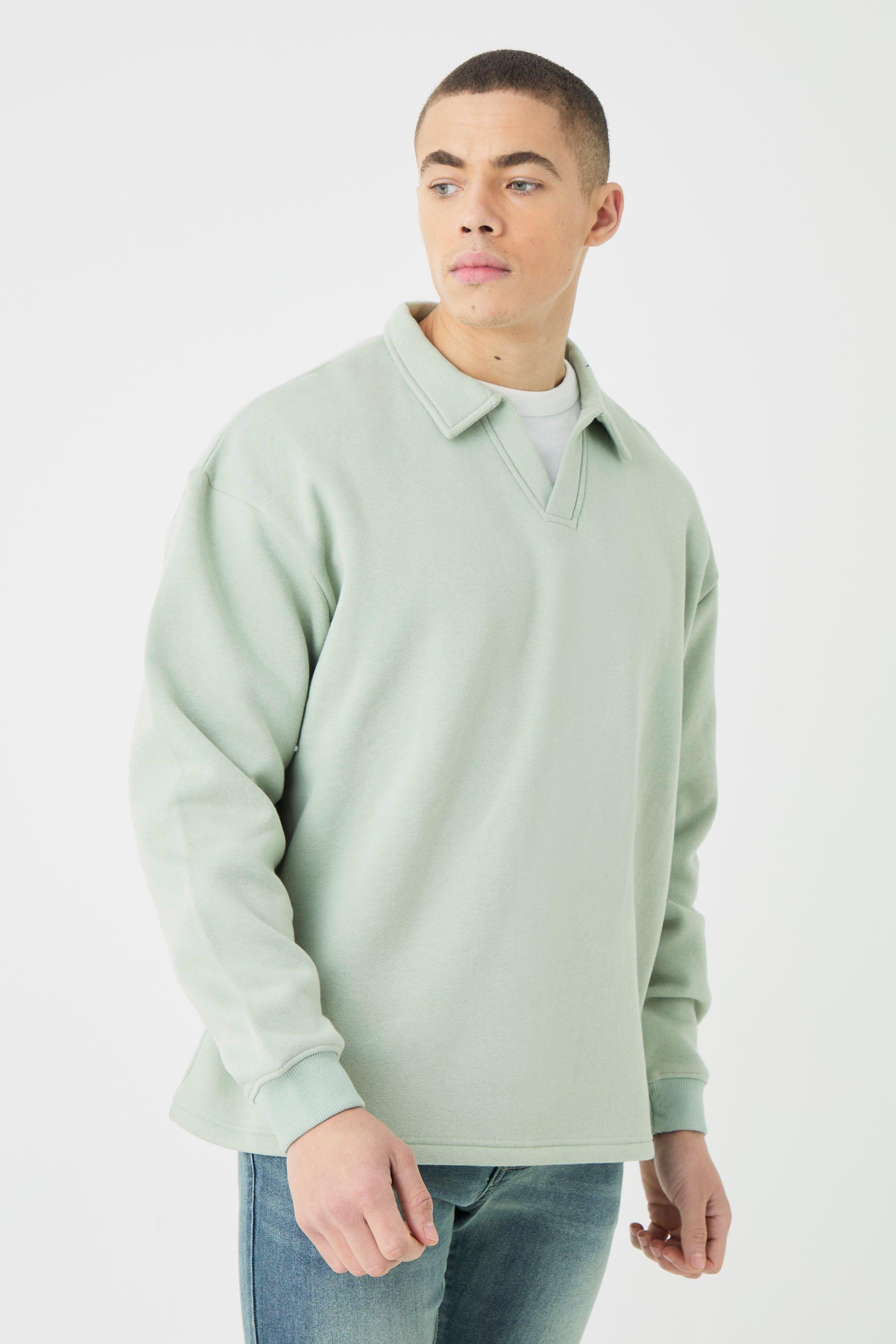 Mens Green Oversized Revere Rugby Sweatshirt Polo, Green Product Image