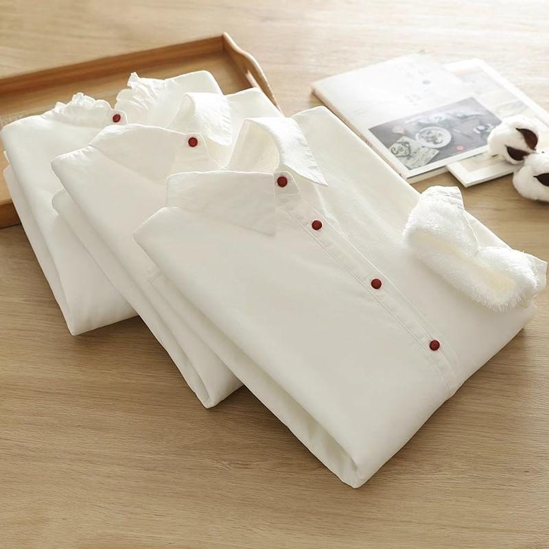 Puff-Sleeve Plain Ruffle Trim Button-Up Shirt Product Image