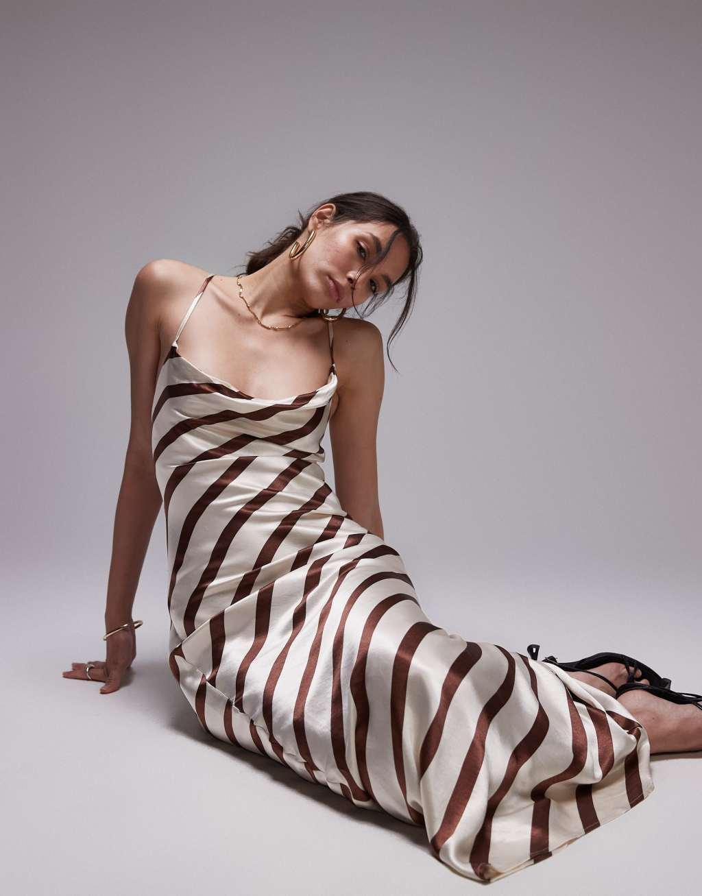 Topshop cowl slip midi dress brown and ivory stripe Product Image