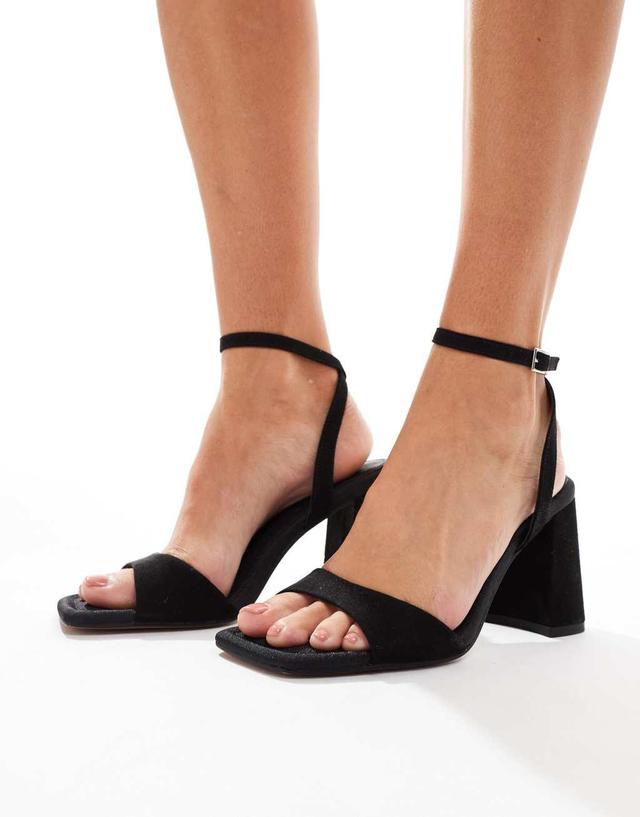 ASOS DESIGN Hotel barely there block heeled sandals in black micro Product Image