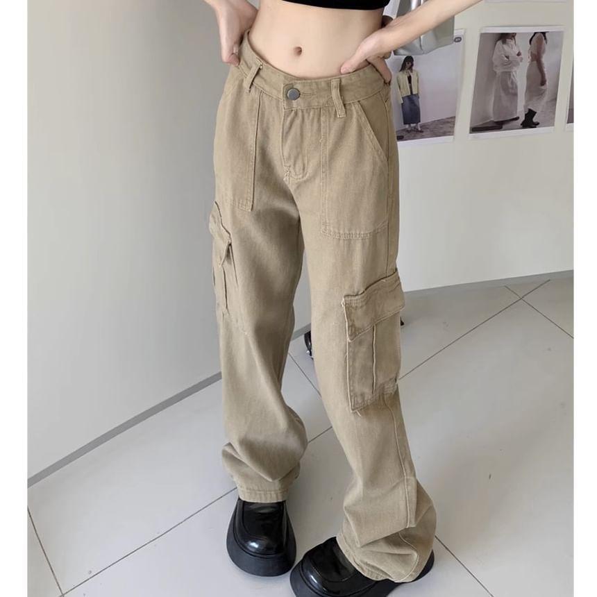 High Rise Plain Pocket Straight-Fit Wide-Leg Cargo Pants Product Image